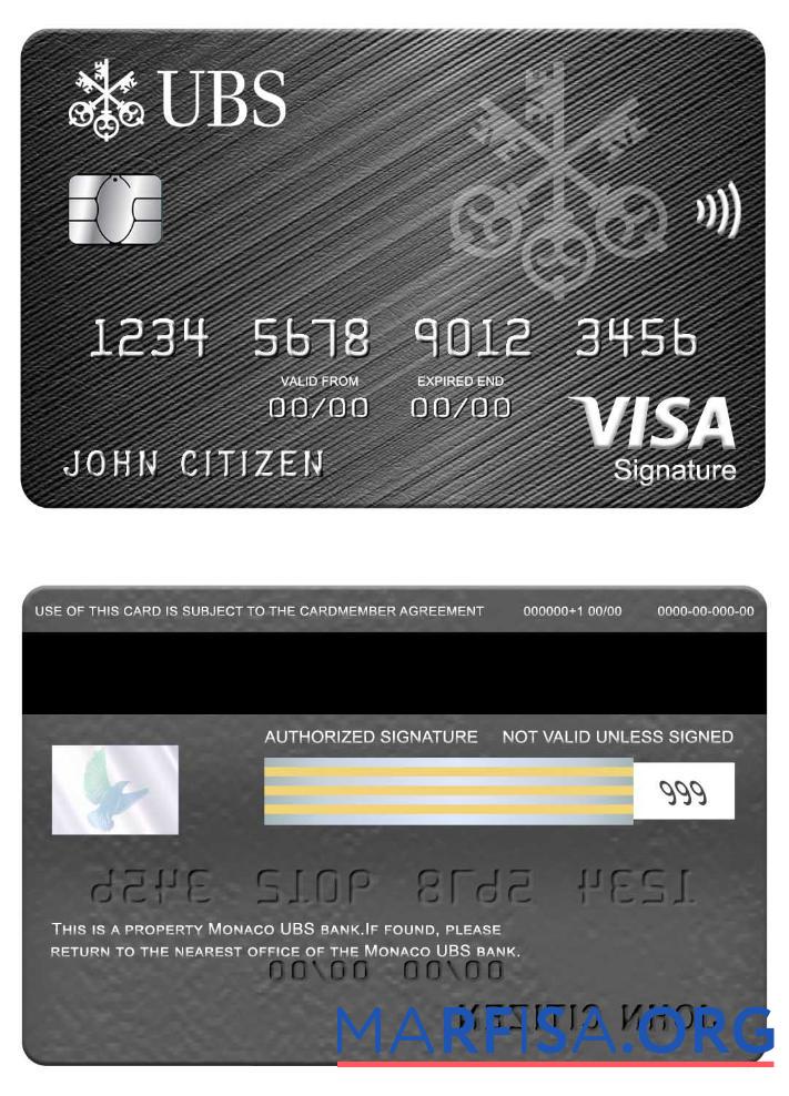 Downloadable Monaco UBS bank visa signature card template
